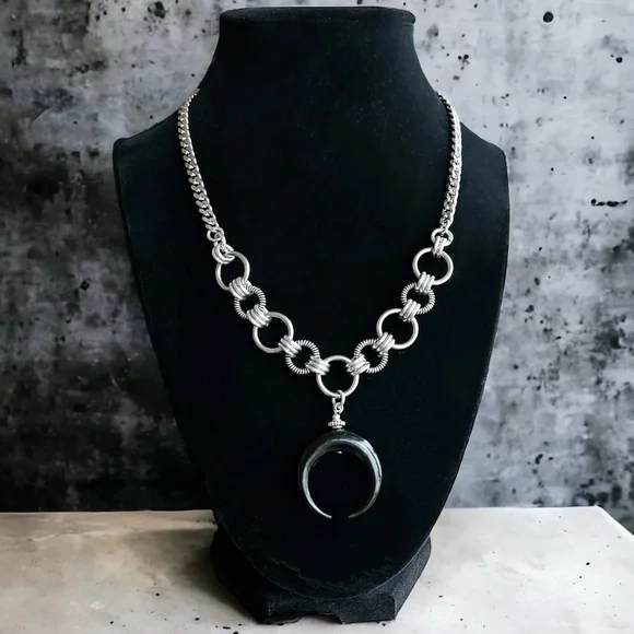 stainless steel necklace cuban chain black buffalo horn crescent moon charm - Picture 2 of 10